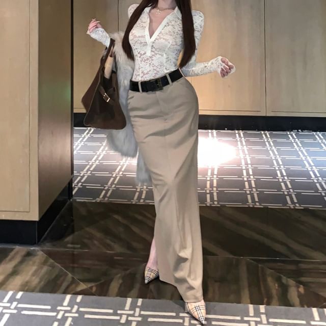 Lace Half-Button Long-Sleeve Top and Maxi Skirt Set