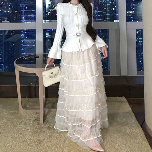 Belted Long-Sleeve Knit Top with High-Waist Mesh Skirt Set
