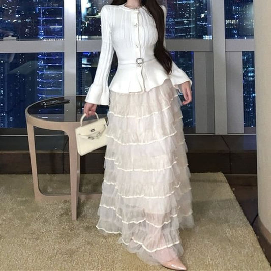 Belted Long-Sleeve Knit Top with High-Waist Mesh Skirt Set
