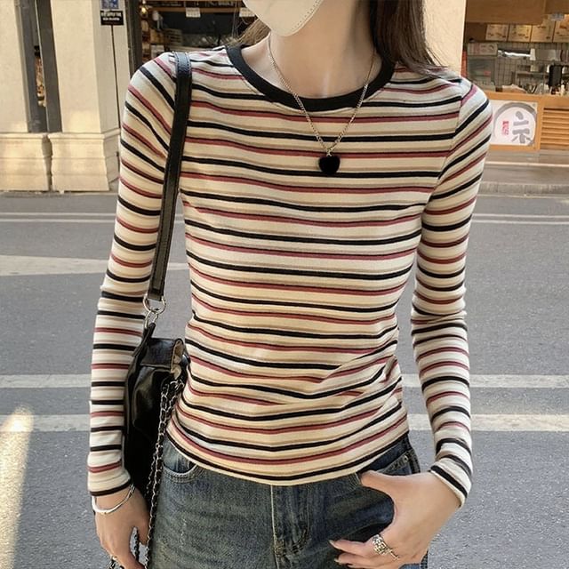 Crew-Neck Striped Slim-Fit Long-Sleeve Tee