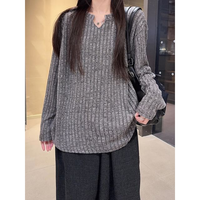 Notch-Neck Melange Long-Sleeve T-Shirt