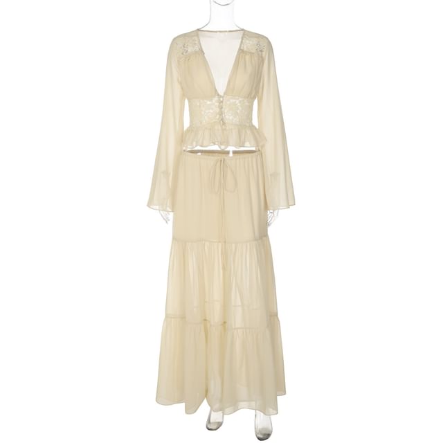 Bell-Sleeve Ruffled Blouse with Tiered Maxi Skirt Set