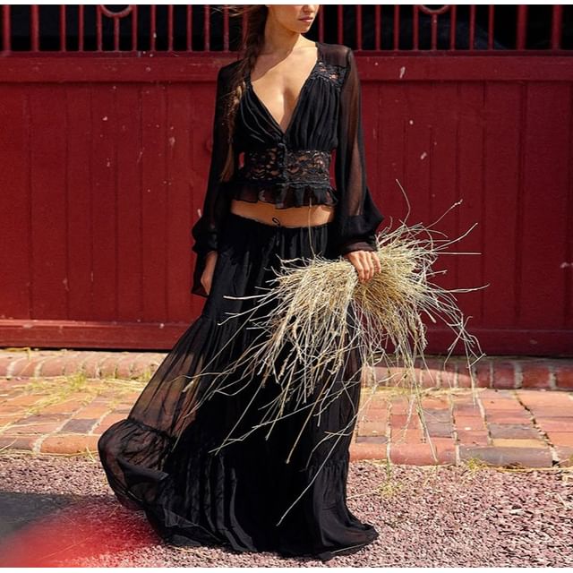 Bell-Sleeve Ruffled Blouse with Tiered Maxi Skirt Set