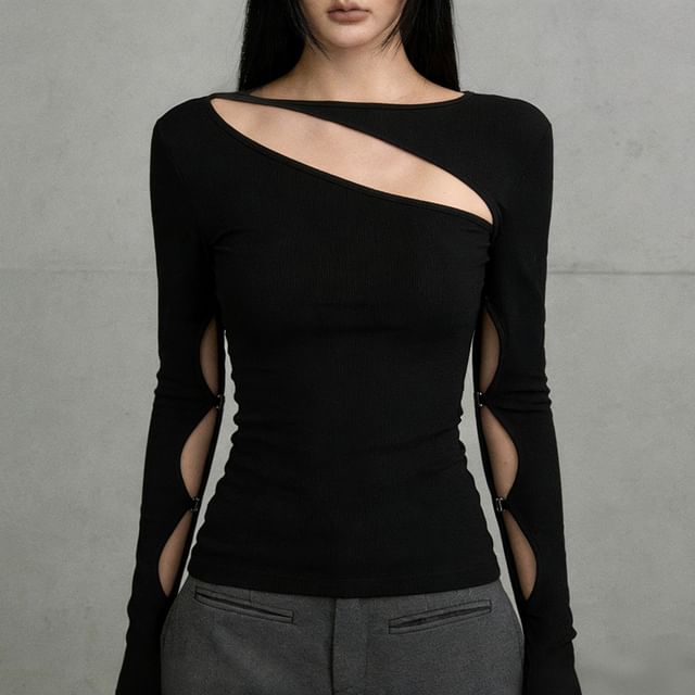 Cut-Out Slim-Fit Long-Sleeve Solid Tee