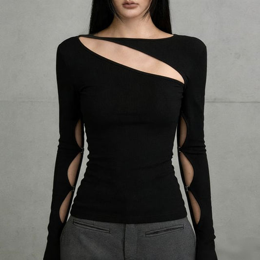 Cut-Out Slim-Fit Long-Sleeve Solid Tee