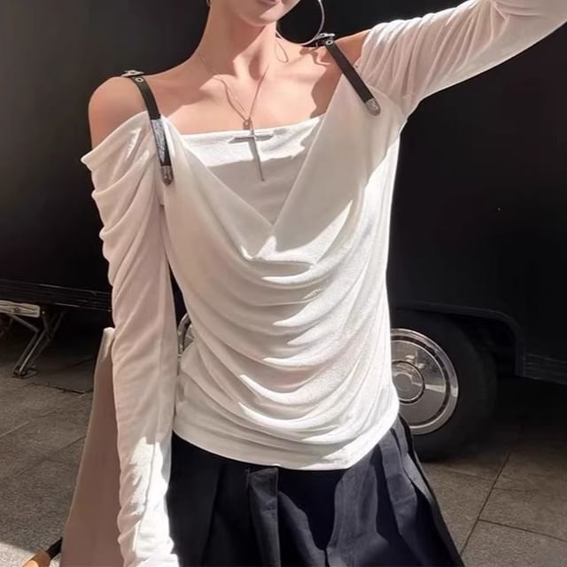 Cowl-Neck Cold-Shoulder Slim-Fit Long-Sleeve Tee