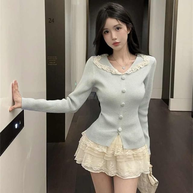 Split Neck Knit Top with Lace Trim and Slits