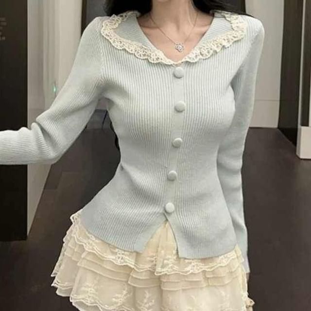 Split Neck Knit Top with Lace Trim and Slits