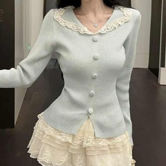 Split Neck Knit Top with Lace Trim and Slits