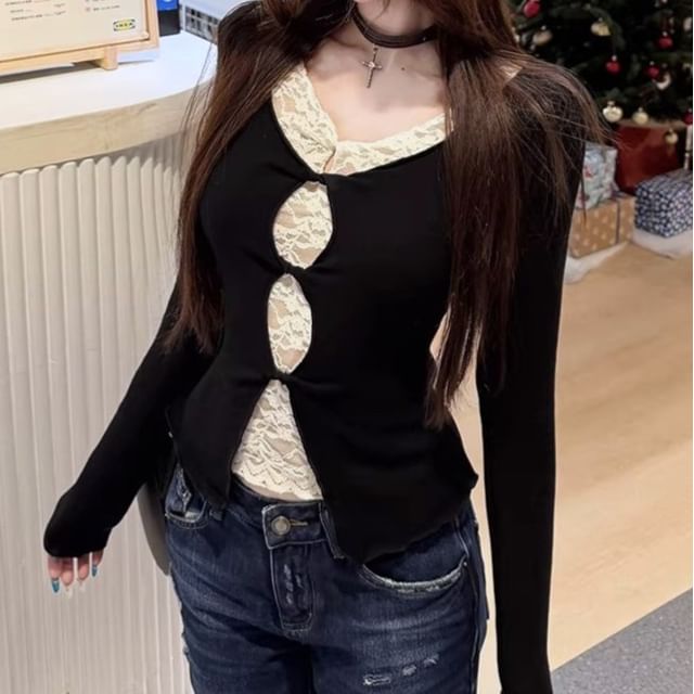 Lace Insert Cutout V-Neck Long Sleeve Crop Top