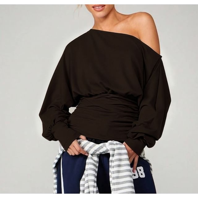 Ruched Off-Shoulder Pullover with Long Sleeves