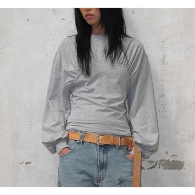 Ruched Loose-Fit T-Shirt with Puff Sleeves and Crew Neck