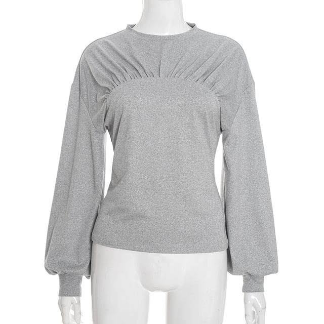 Ruched Loose-Fit T-Shirt with Puff Sleeves and Crew Neck