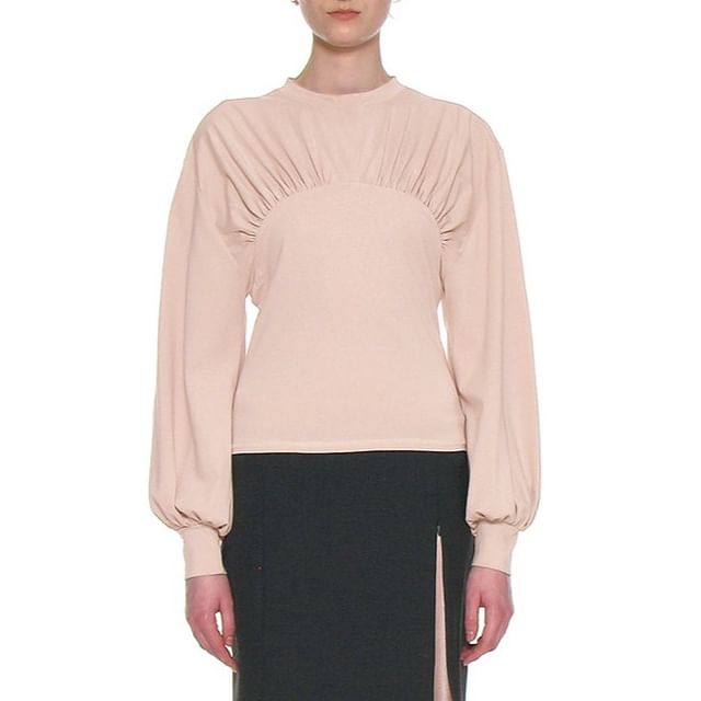 Ruched Loose-Fit T-Shirt with Puff Sleeves and Crew Neck