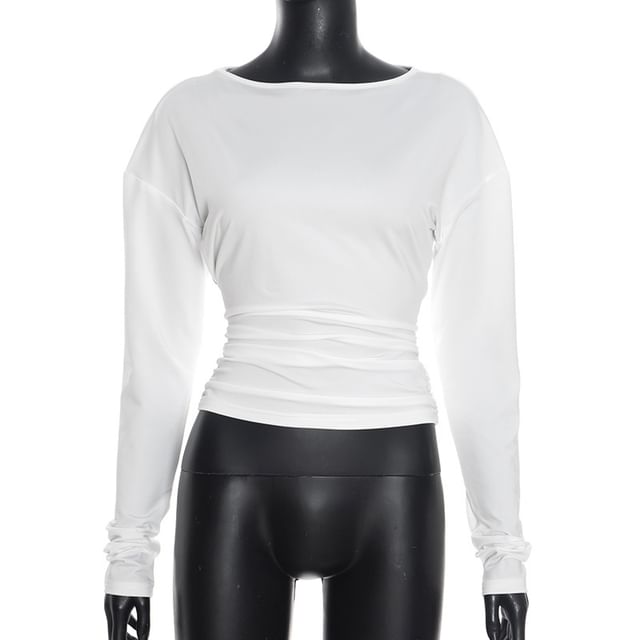 Boat Neck Slim-Fit Crop Tee with Long Sleeves