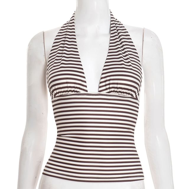 Striped Plunge Halter Crop Top with Slim Fit