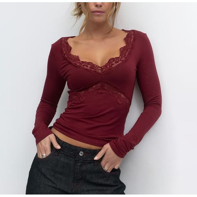 Lace Trim V-Neck Crop Top with Long Sleeves