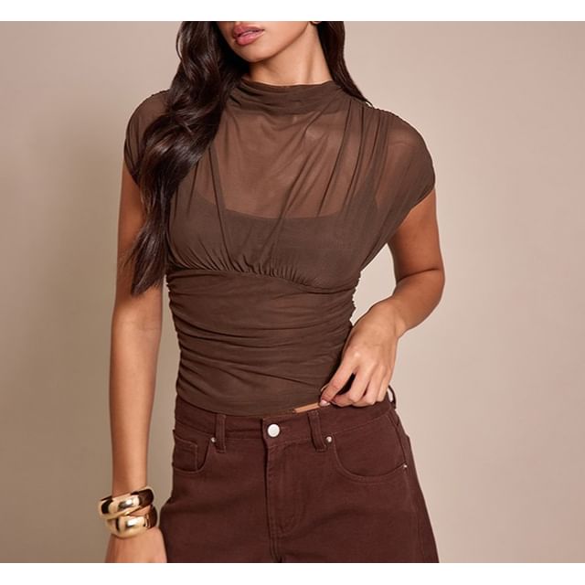 Sheer Mock Neck Crop Top with Cap Sleeves