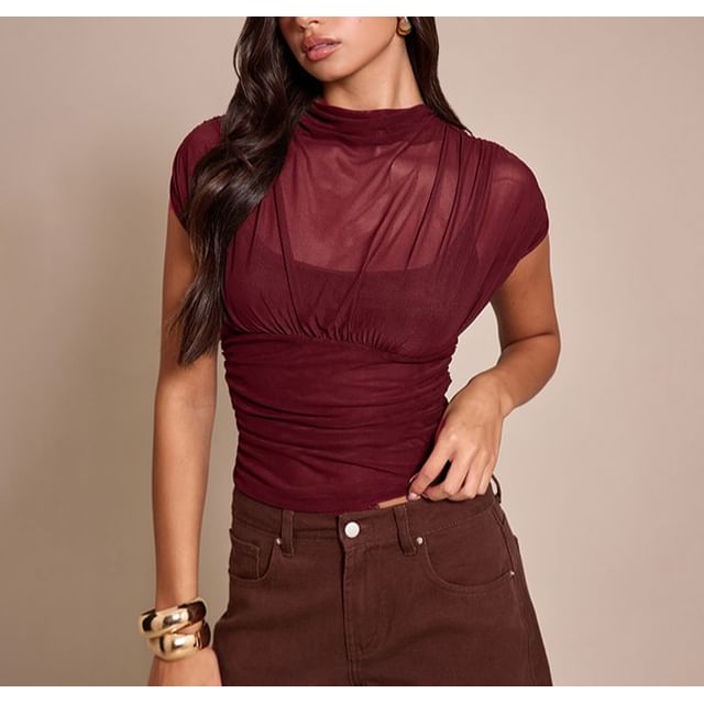 Sheer Mock Neck Crop Top with Cap Sleeves