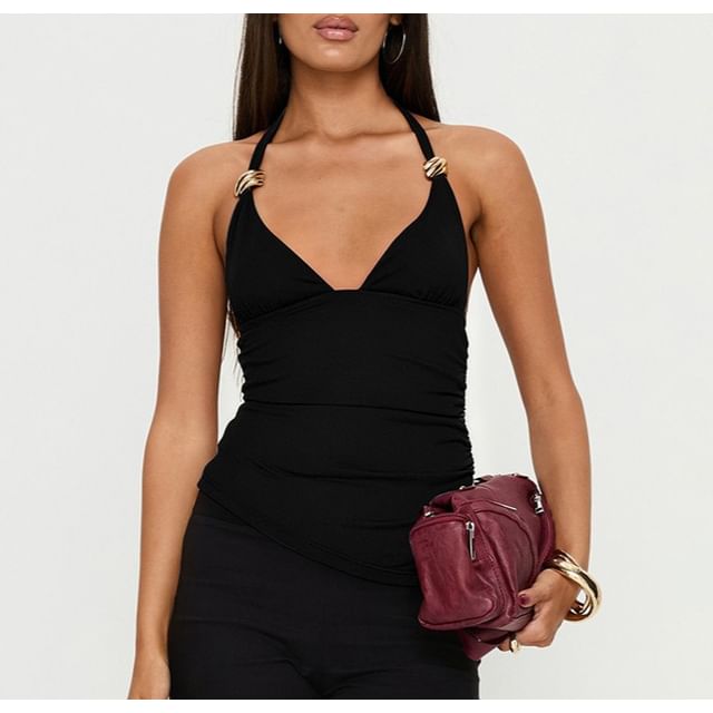 Plunge Neck Halter Crop Camisole with Slim Fit