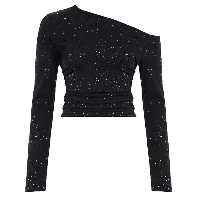Glitter Cold Shoulder Crop Top with Long Sleeves