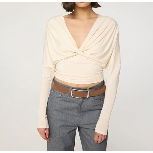 Open-Back Ruched V-Neck Crop Tee with Long Sleeves