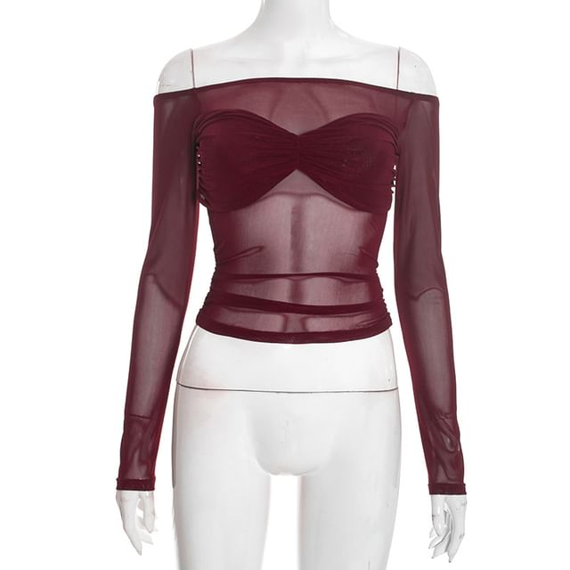 Sheer Paneled Off-Shoulder Top with Slim Fit