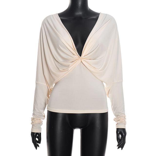Open-Back Ruched V-Neck Crop Tee with Long Sleeves