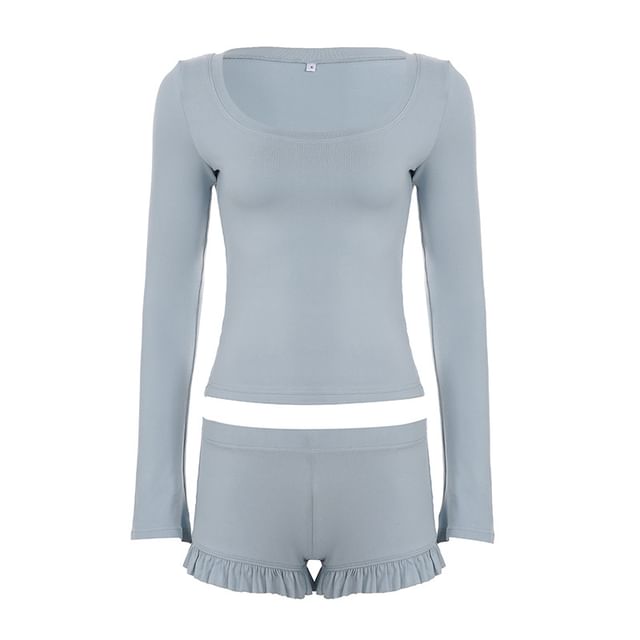 Matching Set: Scoop Neck Top and Ruffled Shorts