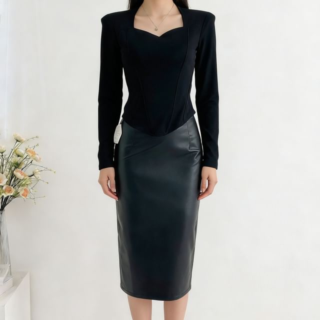 V-Neck Crop Top and Faux Leather Skirt Set