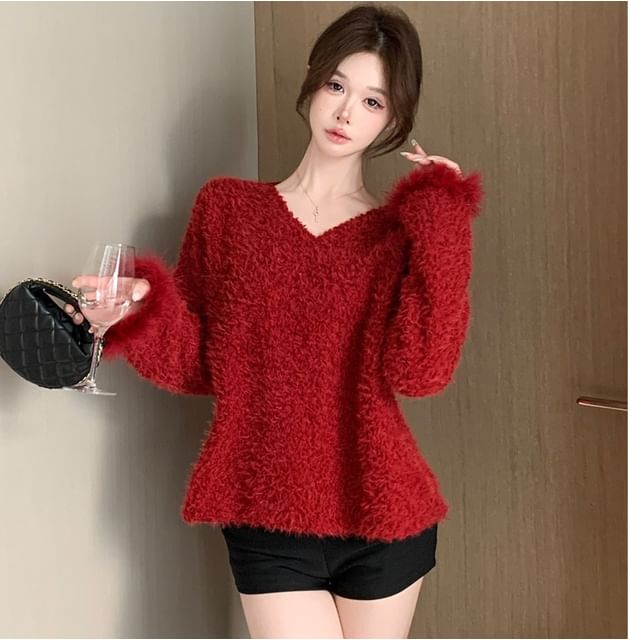 Fluffy V-Neck Sweater in Solid Color