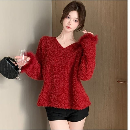 Fluffy V-Neck Sweater in Solid Color