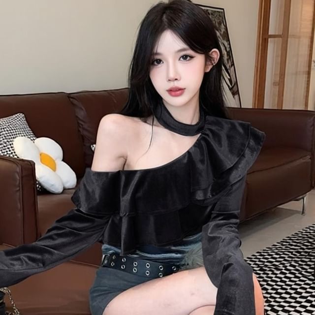 Velvet Off-Shoulder Crop Top with Ruffle Trim