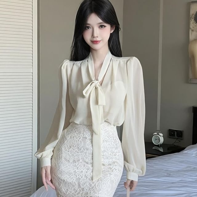 Sheer Tie-Neck Long Sleeve Blouse with Lace Mini Pencil Skirt