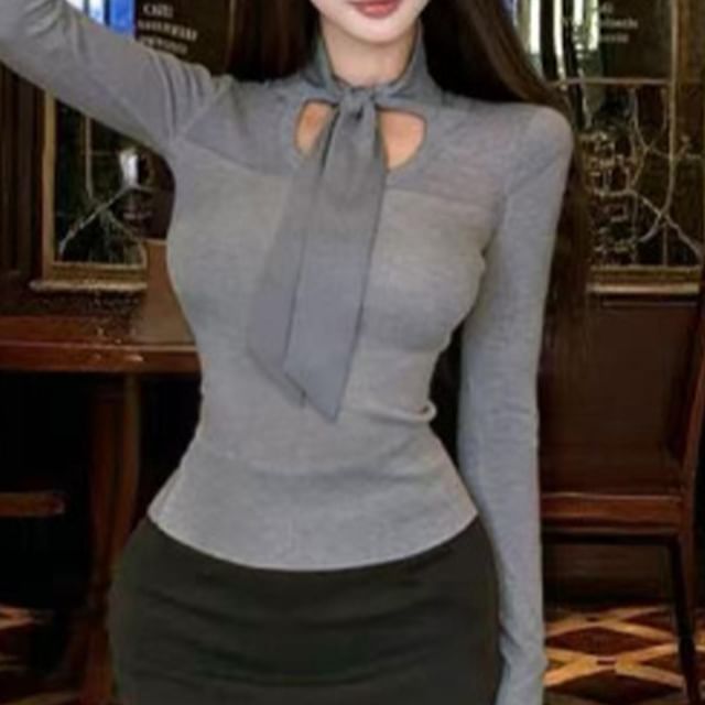 Slim Fit Knit Top with Sheer Panels and Tie Neck, High Waist Pencil Skirt