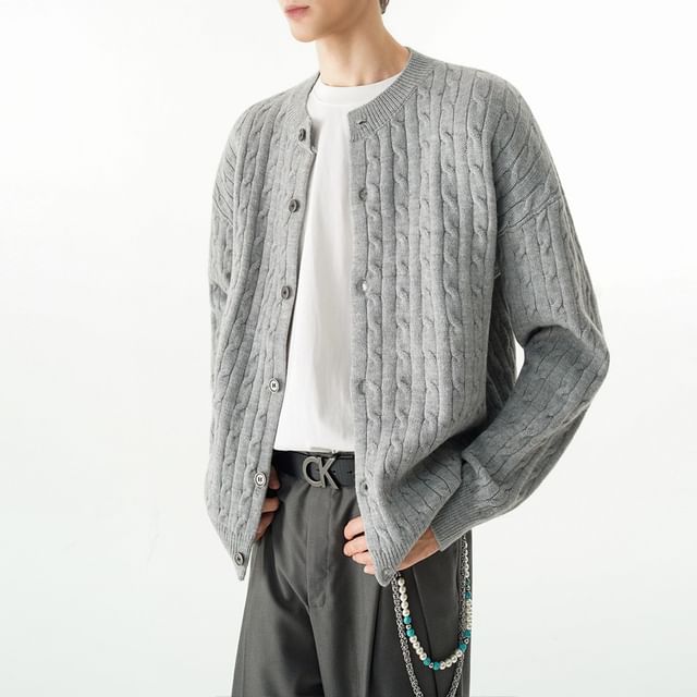 Round Neck Plain Cable Knit Button Up Cardigan