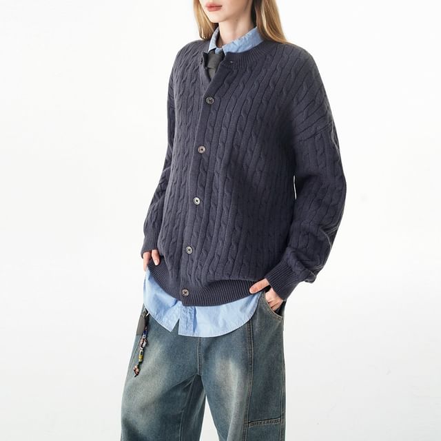 Round Neck Plain Cable Knit Button Up Cardigan