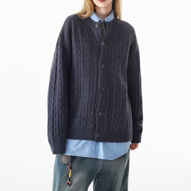 Round Neck Plain Cable Knit Button Up Cardigan