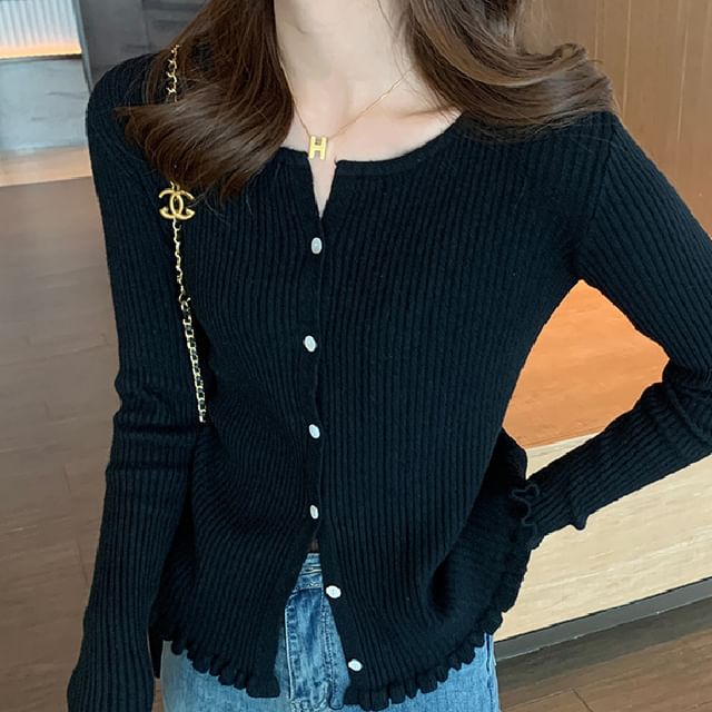 Button-Up Ribbed Plain Cardigan