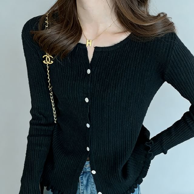 Button-Up Ribbed Plain Cardigan