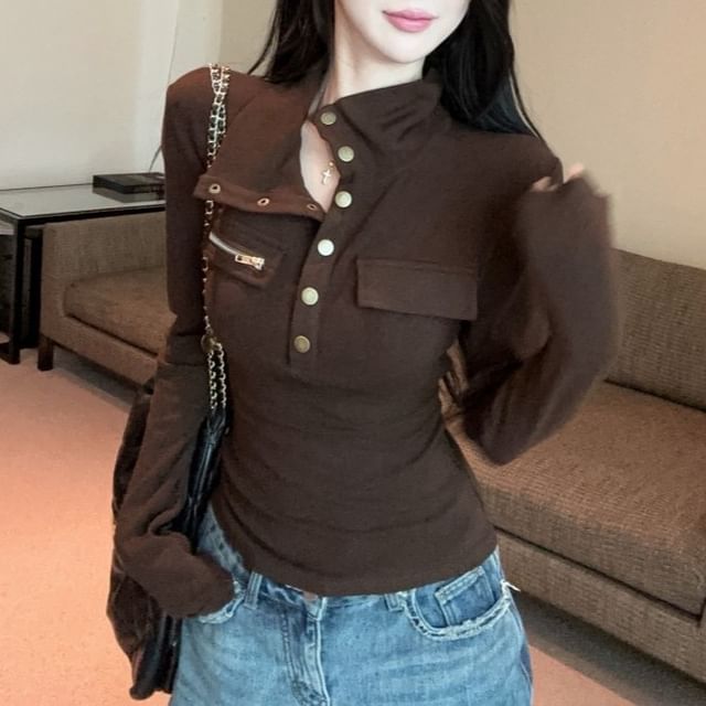 Mock Neck Solid Henley Long Sleeve Tee