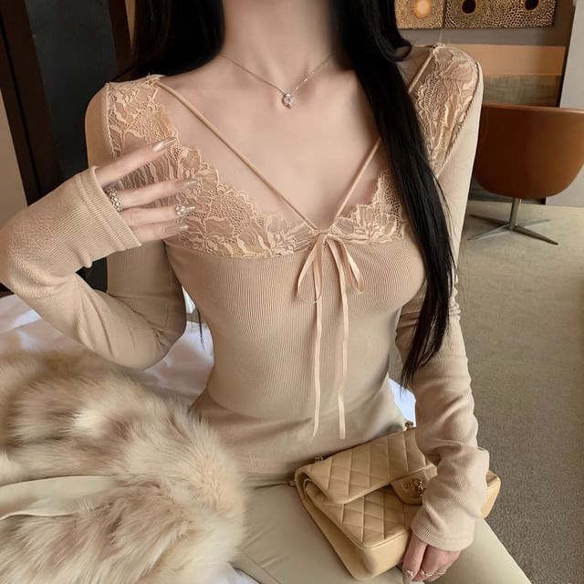 Elegant Lace-Trimmed Long Sleeve V-Neck Tee