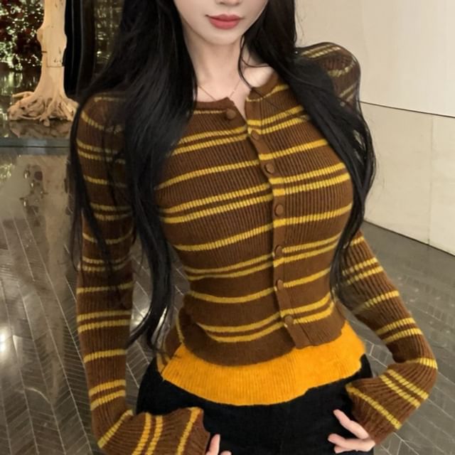 Round Neck Striped Mock Two-Piece Knit Top