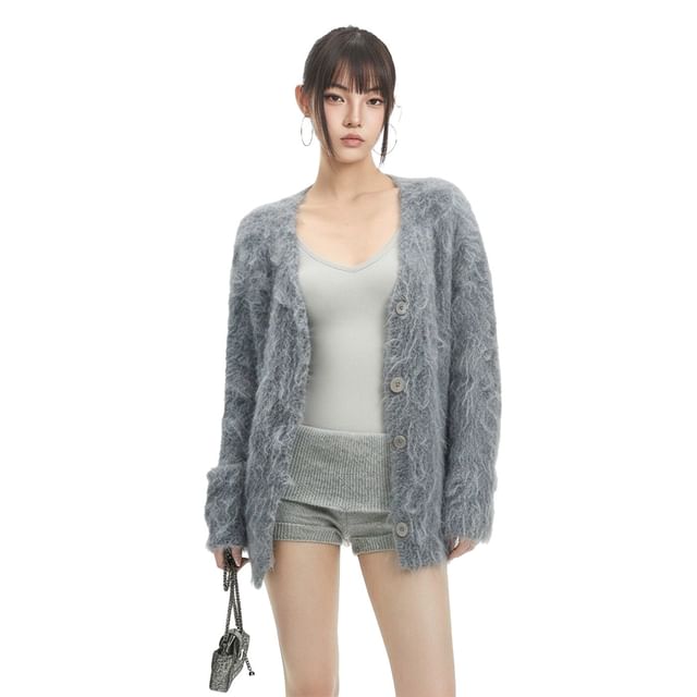 V-Neck Plain Fluffy Button Up Cardigan