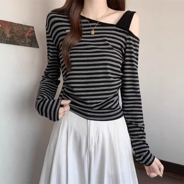 Cold Shoulder Striped Long Sleeve Tee
