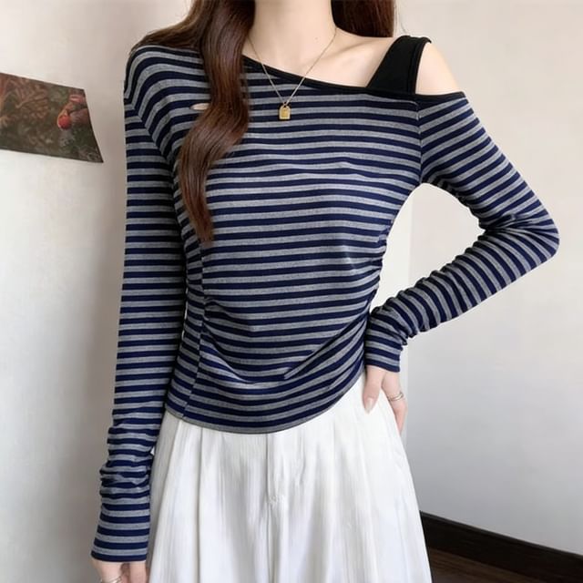 Cold Shoulder Striped Long Sleeve Tee