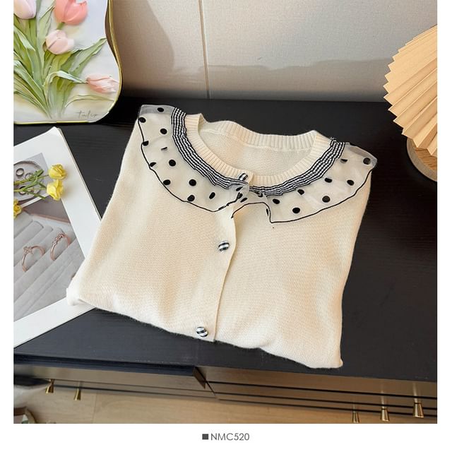 Long Sleeve Round Neck Ruffled-Trim Polka Dot Loose-Fit Cardigan