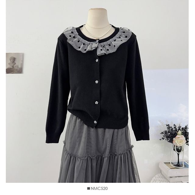 Long Sleeve Round Neck Ruffled-Trim Polka Dot Loose-Fit Cardigan