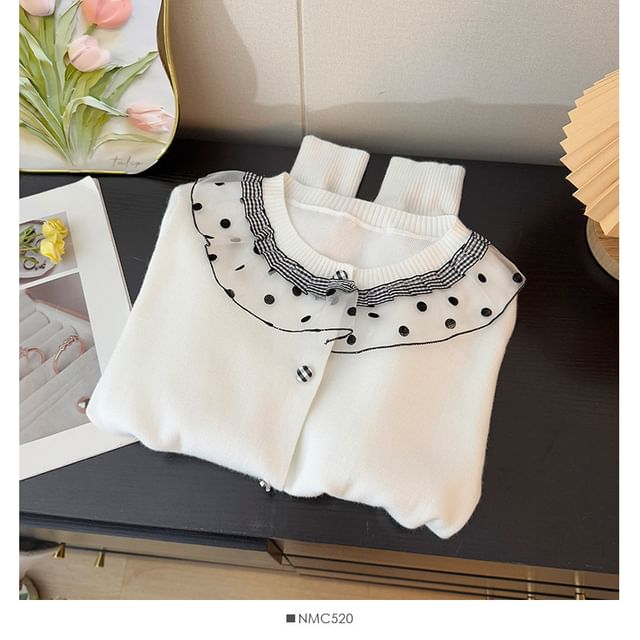 Long Sleeve Round Neck Ruffled-Trim Polka Dot Loose-Fit Cardigan