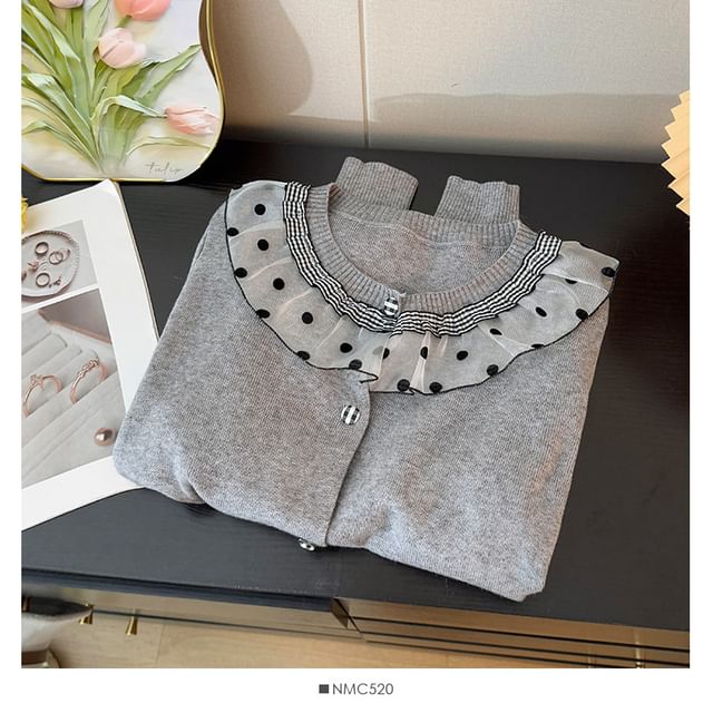 Long Sleeve Round Neck Ruffled-Trim Polka Dot Loose-Fit Cardigan